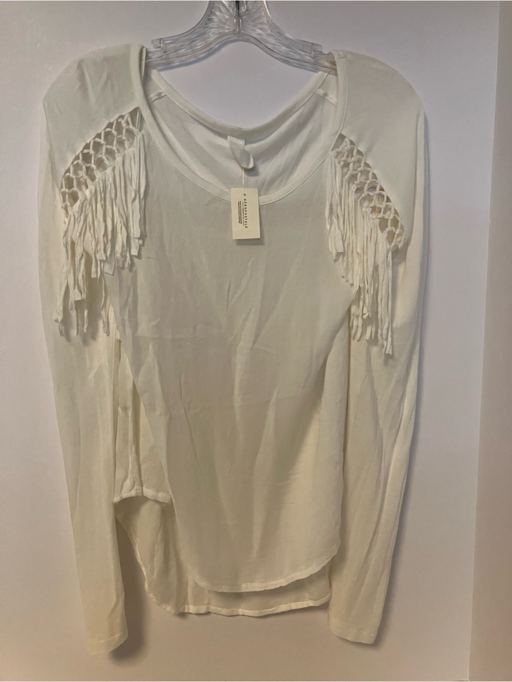 Aeropostale White Long-Sleeve Top with Macramé Fringe Shoulders